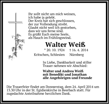 Traueranzeige von Walter Weiß von Pegnitz-Zeitung